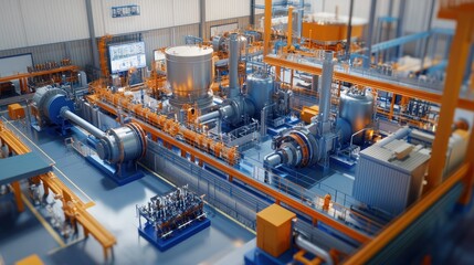 Wall Mural - State-of-the-art hydropower plant production line, showcasing water turbines, pipelines, and advanced control equipment in a professional setup