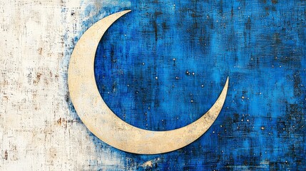 Poster - Golden Crescent Moon on Textured Blue and White Background in Artistic Abstract Composition