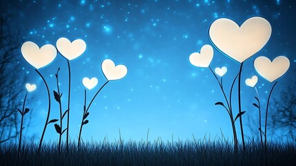 Poster - Surreal White Heart Flowers on a Blue Night Sky Background