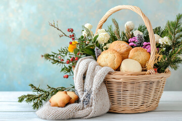 Wall Mural - Freshly baked cookies in woven basket surrounded by flowers and greenery, creating warm and inviting atmosphere for holiday season