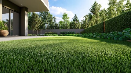 Wall Mural - A serene backyard featuring lush green grass and well-maintained plants under a clear sky.