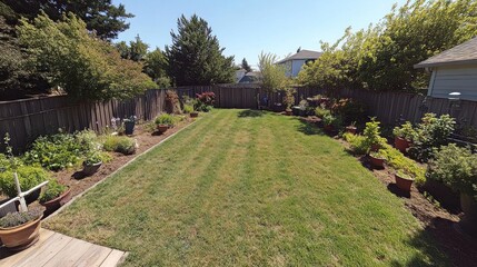 Wall Mural - A sunny backyard garden with neatly trimmed grass and potted plants along the fence.