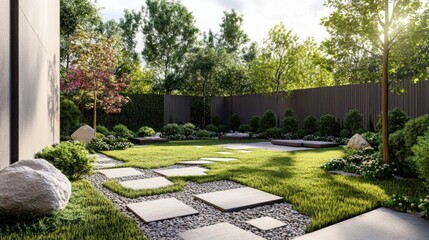 Wall Mural - Modern backyard landscape design with stone pathway, lush green lawn, and zen garden elements.