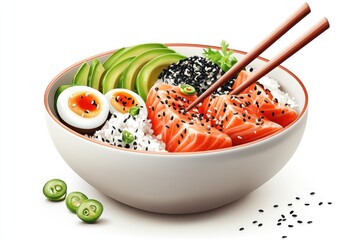 Wall Mural - Salmon poke bowl with avocado  rice  Chuka Salad  and more