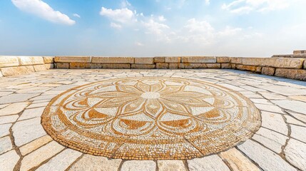 Poster - Intricate Mosaic Design In Natural Stone Setting Under Clear Blue Sky with Soft Cloudscape