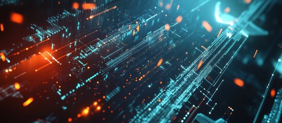 Abstract digital data flow, network connections, glowing lines and particles.