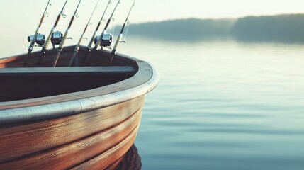 Wall Mural - A close-up of a wooden boat with fishing rods on a calm lake at dawn.