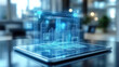 © rattana - Digital tablet with blueprints and holographic projection in modern architectural design