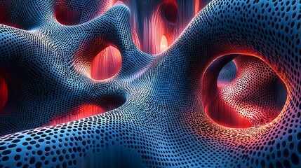 Poster - Abstract 3D rendering of a textured, porous, biomorphic form with glowing red and blue hues.