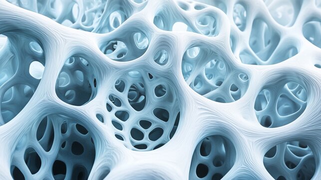 Abstract 3D rendering of a porous, organic structure resembling bone or sponge.
