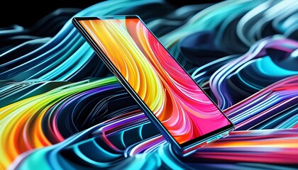 Poster - Vibrant smartphone display digital art abstract background colorful waves modern design tech innovation