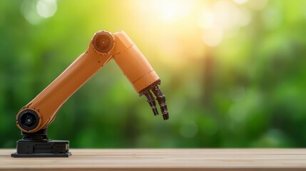 Poster - Industrial Robotic Arm on Table with Blurred Green Background and Soft Light for Technology Concepts