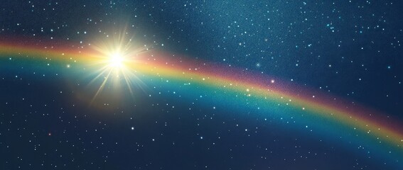 Wall Mural - Radiant sunburst and rainbow arc in a starry night sky