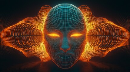 Poster - Wireframe head with glowing orange energy waves.