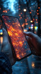 Poster - A person holds a phone displaying a vibrant, abstract image resembling a cosmic nebula or neural network against a blurred city lights backdrop. Perfect for tech or sci-fi themed wallpapers and app in