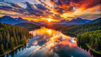 Canvas Print - Majestic Mountain Sunset Reflecting on a Calm Forest Lake - Drone Photography