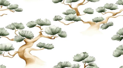 Poster - Elegant Botanical Illustration of Bonsai Trees with Delicate Leaves Against a White Background