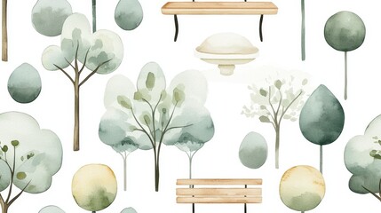 Poster - Elegant Watercolor Illustration of Trees, Benches, and Nature Elements in Soft Green and Yellow Tones