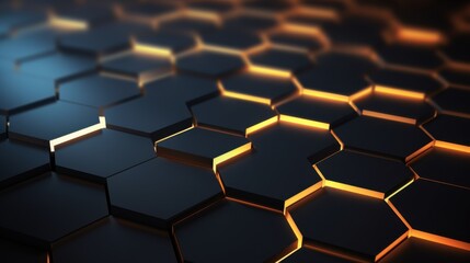 Wall Mural - minimalist hexagonal elements arranged in a honeycomb pattern, glowing softly, on a dark tech-inspir