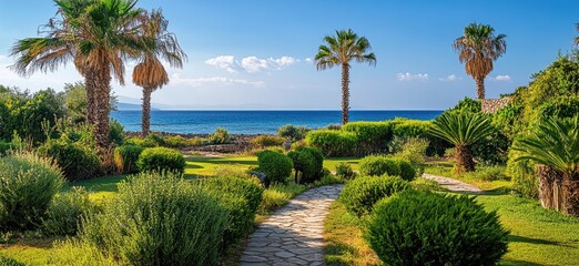 Wall Mural - A view of the lush green lawn with palm trees and hedges leading to an old traditional Greek house on Paxos island in Greece