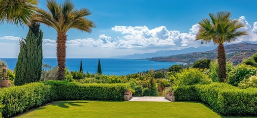 Wall Mural - A view of the lush green lawn with palm trees and hedges leading to an old traditional Greek house on Paxos island in Greece