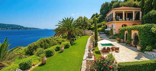 Wall Mural - A large garden with palm trees and hedges, a view of the sea in front of it, a summer villa