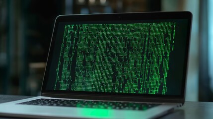 Hacker code in laptop Cyber security privacy or hack threat Coder or programmer writing virus software malware internet attack or developing digital design Green web data in computer screen