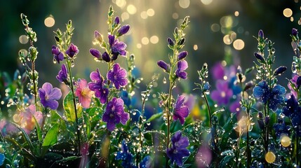 Wall Mural - Vibrant morning light on dew-kissed purple and blue wildflowers in a sunlit garden