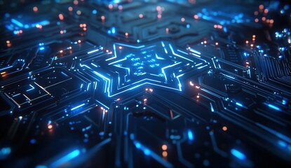 Poster - Glowing Circuit Board Star: Futuristic Technology Abstract Design with Neon Lights