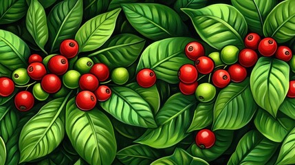 Wall Mural - A vibrant arrangement of red and green berries among lush green leaves.