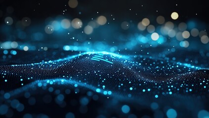 Poster - Abstract Blue Particle Waves Flow Dynamically in Dark Background with Glowing Lights, Creating a Futuristic Digital Landscape.