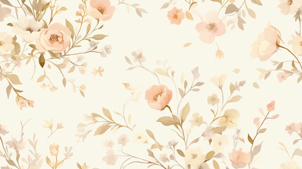Wall Mural - The image features a soft, pastel-colored floral pattern with various shades of pink, beige, and white flowers and leaves on a light background, creating a vintage and delicate aesthetic