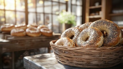 Wall Mural - Freshly baked everything bagels with sesame seeds and poppy seeds for breakfast,bagel sandwich in bakery shop,New York style bagels,Homemade freshly plain,onion bagels,space for text.