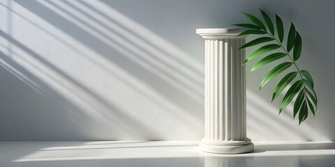 Wall Mural - White Column with Green Leaf and Sun Rays, Minimalist , Product Display