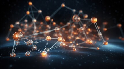 Wall Mural - An abstract 3D model of a molecule, with translucent glowing nodes connected by shimmering silver threads,