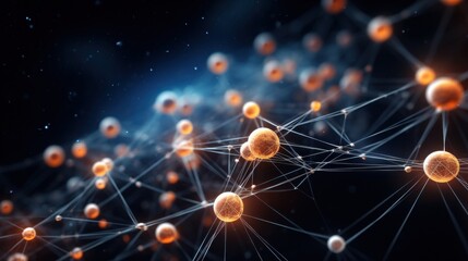 Wall Mural - An abstract 3D model of a molecule, with translucent glowing nodes connected by shimmering silver threads, set against a dark,
