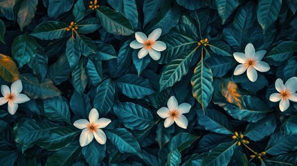 Wall Mural - Lush teal foliage background with scattered white flowers.