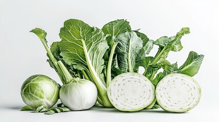 Wall Mural - Fresh green kohlrabi and leafy greens on white background