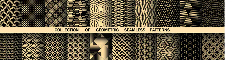 geometric set of seamless black and golden patterns. simple vector graphics
