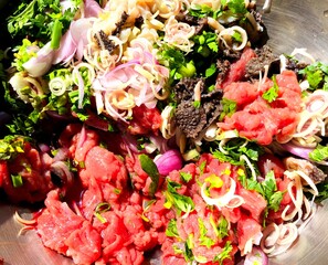 Wall Mural - Spicy raw chopped beef salad , Native northern Thai food