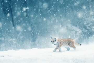 Cute lynx walking in the snow, traversing a white winter field with a beautiful blue forest in the background