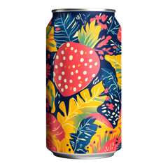 Aufkleber - A stylized aluminum can displays a vibrant design featuring a large strawberry amidst a colorful tropical floral pattern.