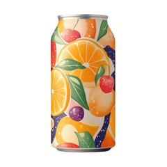 Poster - A metal beverage can is shown with a colorful illustration of assorted fruit slices and leaves.