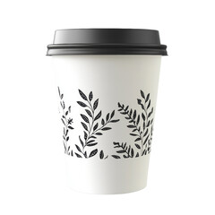 Poster - A single white disposable coffee cup features a black floral design around its midsection and a black lid.