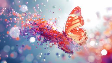 Poster - Orange butterfly gracefully flying through a vibrant field of colorful floating spheres and glowing particles