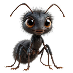 A digitally rendered image depicts a cute, furry cartoon ant with oversized eyes and a friendly expression ,isolated on transparent background.