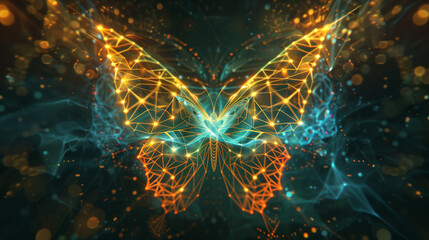 Poster - Golden butterfly with glowing celestial trails and cosmic particle bursts in deep space