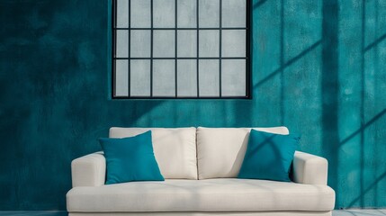 Poster - Modern living room with white sofa and teal accents