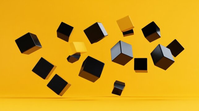 Abstract 3D rendering of black and yellow cubes floating against a yellow background. (1)
