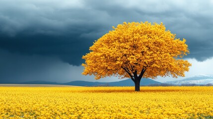 Golden tree in yellow field under stormy sky.